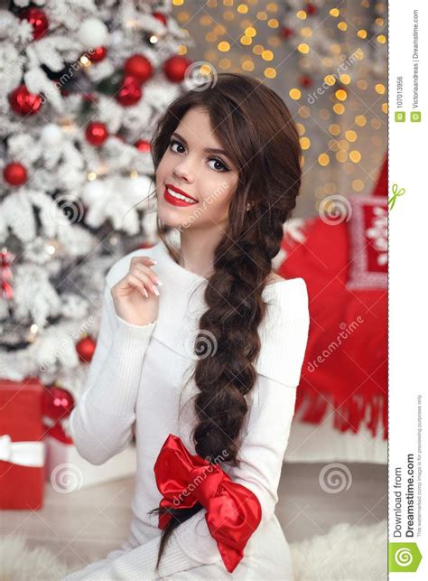 Happy Smiling Teen Girl With Long Braid Tied Red Bow And