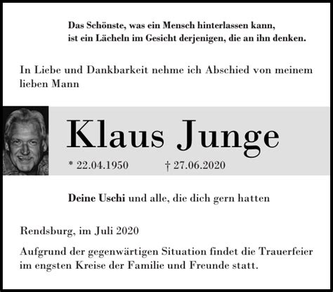 Klaus Junge Traueranzeige Landeszeitung