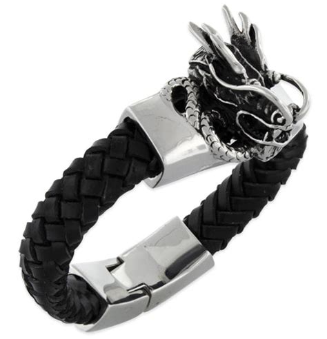 Stainless Steel Shenron Dragon Leather Bracelet Badass Jewelry