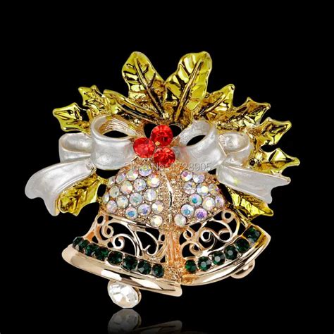 large 41x46mm christmas jingle bell crystal brooches pins one luxury leaf brooch pins women