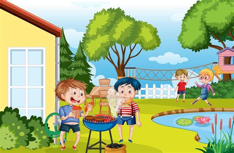 Fondo De Patio Trasero Con Niños De Dibujos Animados 7540128 Vector En