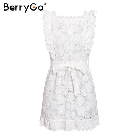 Berrygo Elegant Embroidery Lace Women Dress Hollow Out Lining Sashes Ruffled White Summer Dress