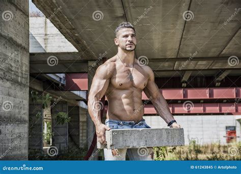Construction Worker Shirtless With Muscular Stock Image Image Of