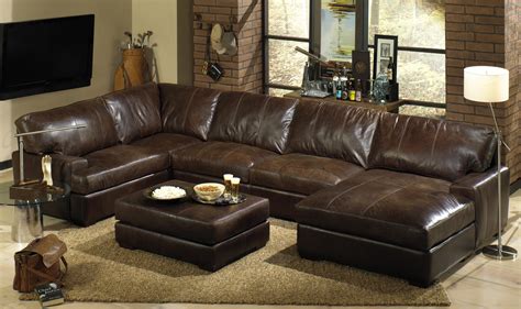 Leather Sectional Sofas With Recliners And Chaise With Dark Brown Color And Coffee Ottoman 