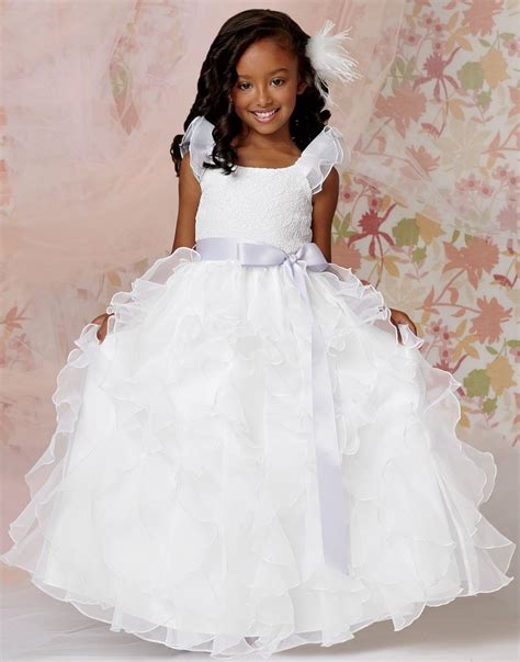 2015 New Little Flower Girl Organza Belted White Ball Gown Prom Dress