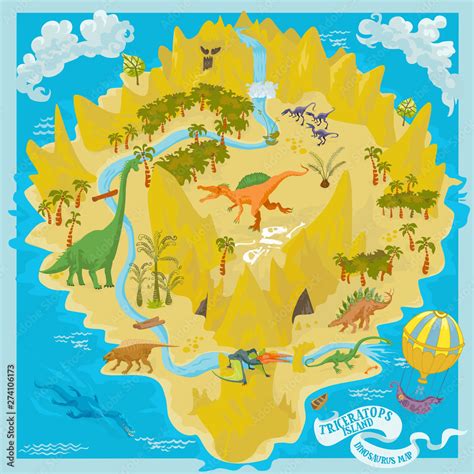 Dinosaurs Island Fantasy Map Scene Of Ancient Paleontological World And
