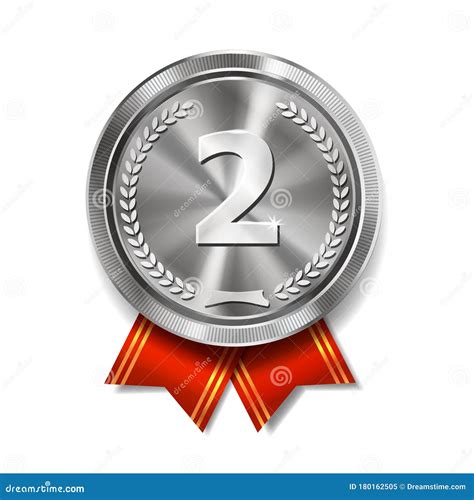 Champion Silver Medal With Red Ribbon On White Background Metallic