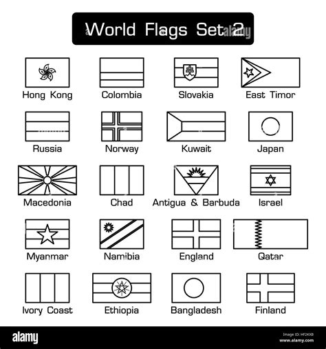 World Flags Set 2 Simple Style And Flat Design Thick Outline