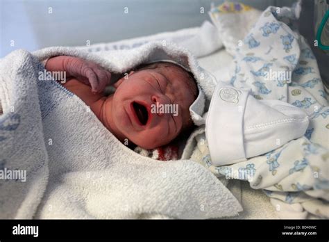 A Newborn Baby Cries With His Eyes Closed After Being Delivered Stock