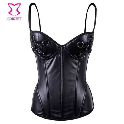 Gothic Punk Black Faux Leather Corset Top With Shorts Set Push Up