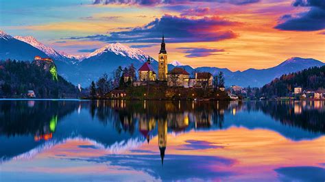 Lake Bled Slovenia Island Clouds Julian Sky Church Mountains