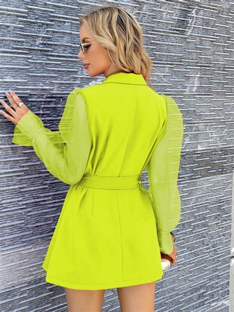 Neon Lime Flounce Sleeve Double Breasted Belted Blazer Dress Shein Usa