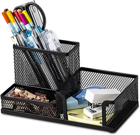 Merayo 3 Compartment Metal Mesh Desk Organizer Stationery Pen Stand For