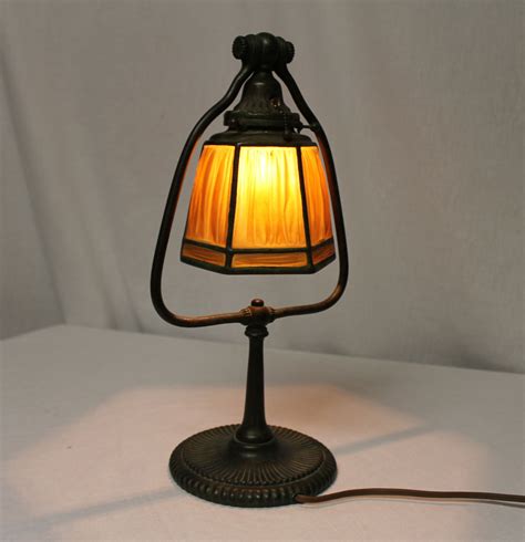 Bargain Johns Antiques Small Antique Desk Lamp Linen Fold Glass