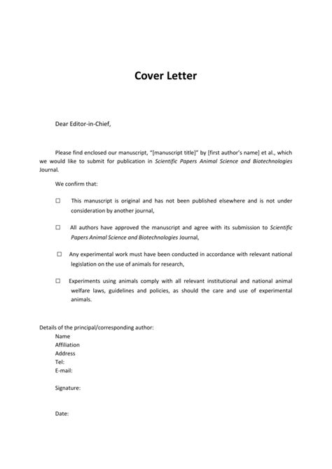 Cover Letter Template Scientific Papers Animal Science And