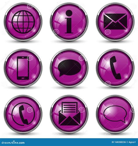 Set Of Purple Round Buttons With Contact Icons Isolated On White