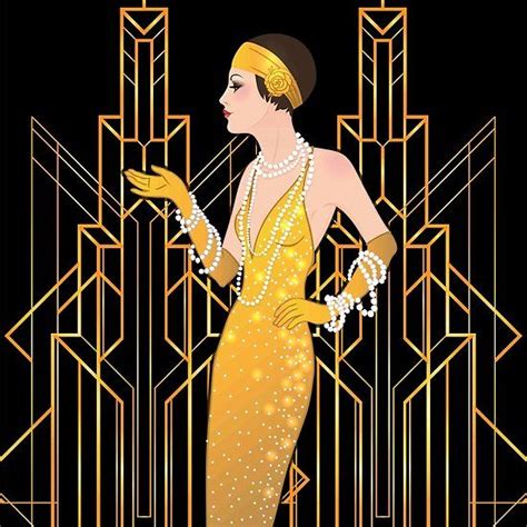 Art Deco Lady Art Deco Pattern1920 Era Flapper Girlthe Great Gatsbyblackgoldart Deco
