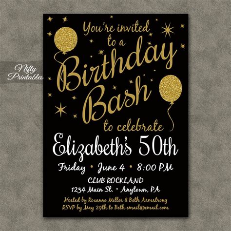 50th Birthday Invitation Printable 50 Black Gold Glitter