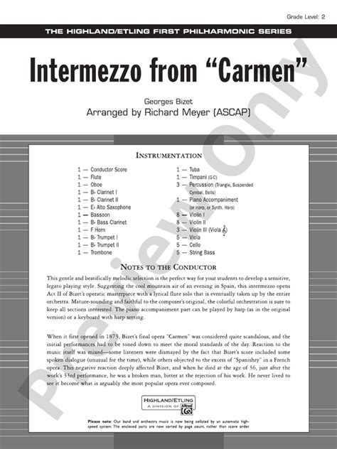 Intermezzo From Carmen Full Orchestra Conductor Score And Parts Georges