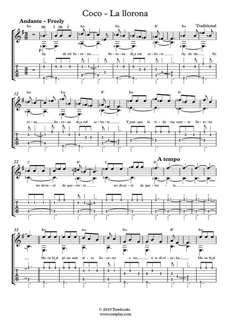 Free Sheet Music Traditional La Llorona Guitar Solo With Tabs