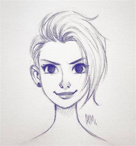 A Drawing Of A Womans Face With Short Hair And Blue Eyes Drawn In Pencil