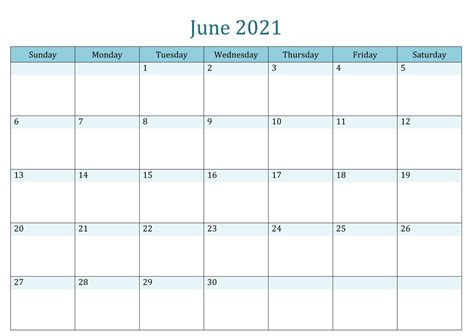Blank June 2021 Calendar Printable Template Pdf Word Excel