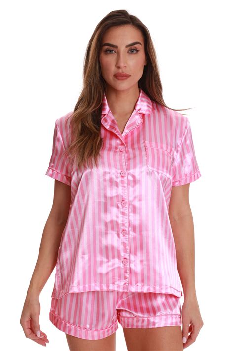 Just Love Just Love Satin Shorts Pajama Set With Notch Collar Large Pink With Stripe
