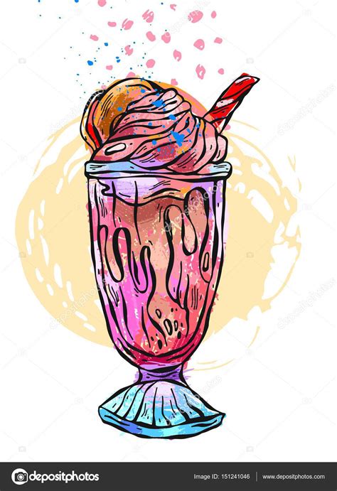 Hand draw vector abstract illustration of milkshake dessert in glass .Design for kids menu ...