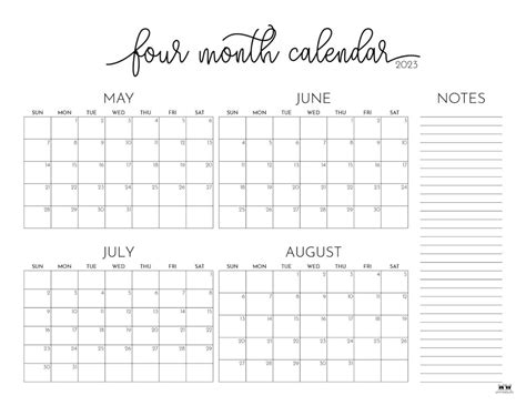 Four Month Calendars Free Printables Printabulls
