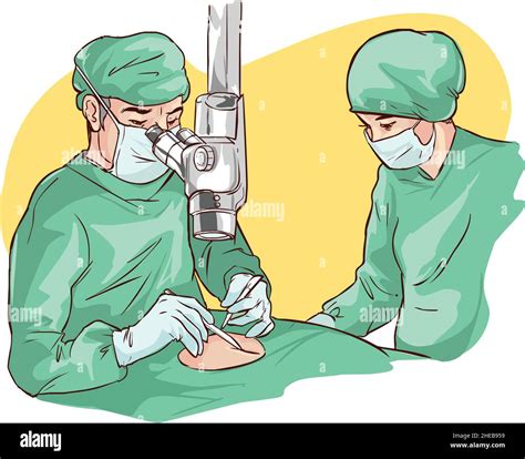 Vector Illustration Of Operating Room Surgeon Team At Work In