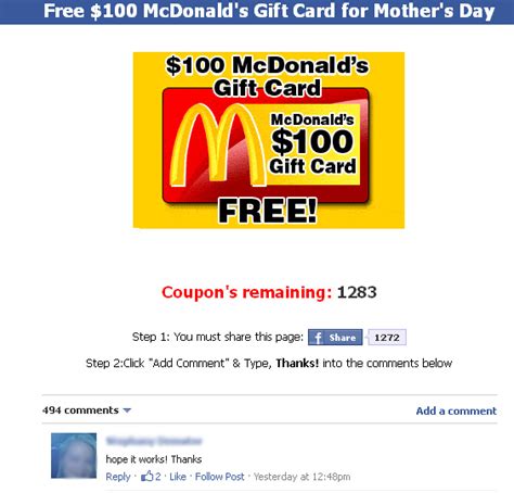 It was founded in 2004 as thefacebook by ma. Free $100 McDonald's Gift Card for Mother's Day - Facebook Scam