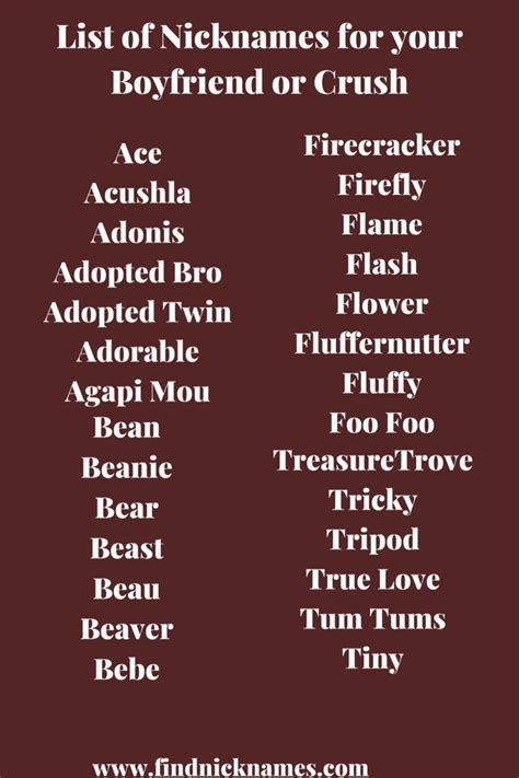 Here is a list of romantic names for girlfriends that you. 1000+ Nicknames for Your Boyfriend (or Crush) — Find ...