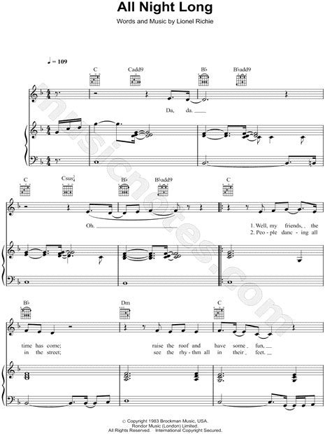 Lionel Richie All Night Long Sheet Music In F Major Transposable Download And Print Sku