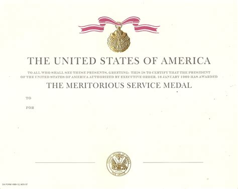 Genuine Army Meritorious Service Medal Award Certificate Da Form 4980 12