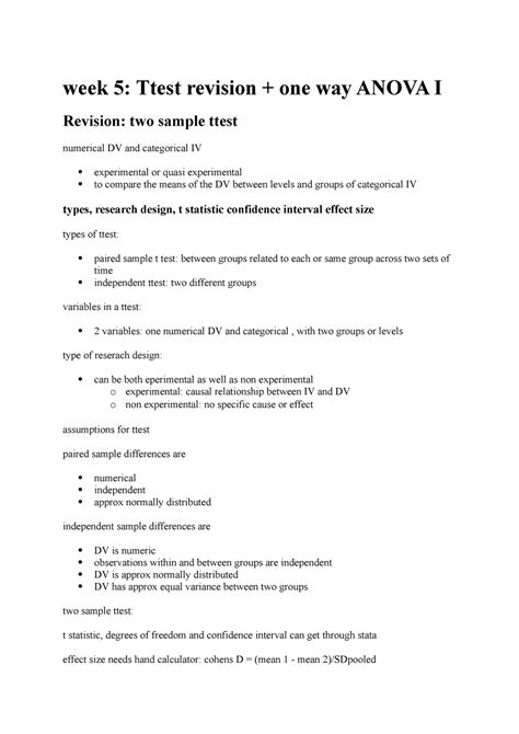 Week 5 Rough Notes Week 5 Ttest Revision One Way ANOVA I