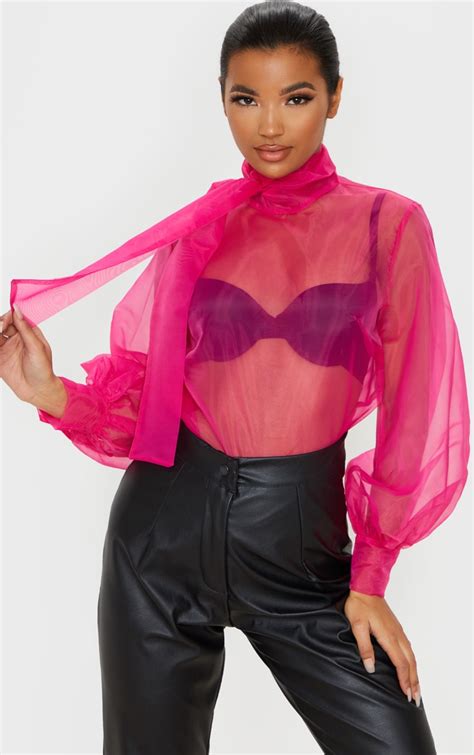 hot pink sheer organza pussy bow puff sleeve blouse prettylittlething ie