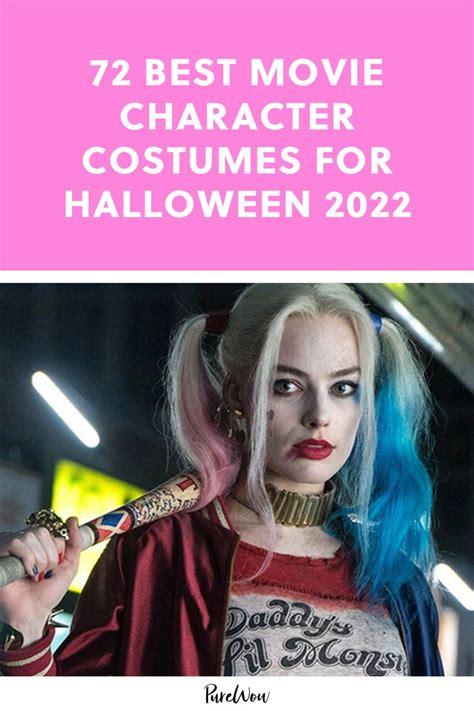 a woman with blue hair and makeup holding a bat in her hand text reads best movie character