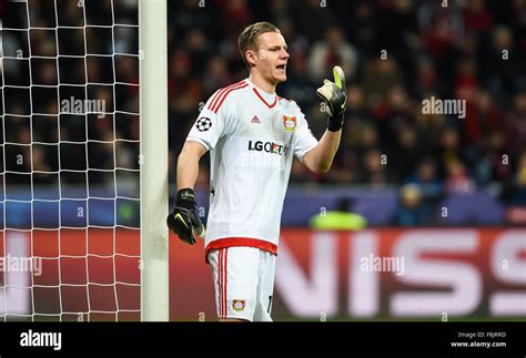 Leverkusens Goalkeeper Bernd Leno Instructs His Teammates During The