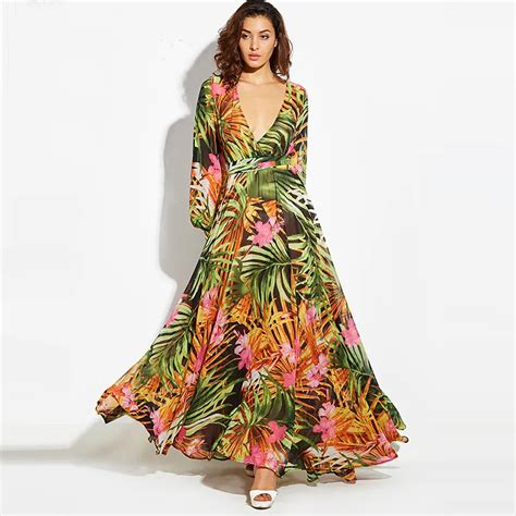 Floral Maxi Dress Women 2018 New Boho V Neck Lace Up Yellow Print Plus