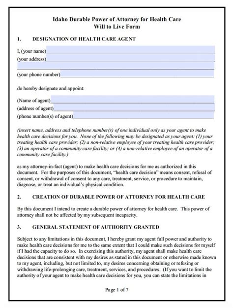 Idaho Durable Medical Power Of Attorney Form Living Will Living Will Forms Free Printable