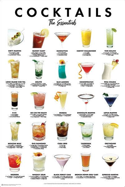 Essential Cocktails Poster 25 Mixed Alcoholic Drinks Poster For