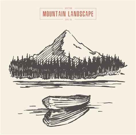 Ilustração Vetorial Desenhada à Mão De Um Pico De Montanha Com Lago E