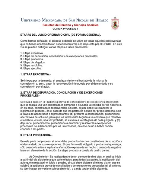 Etapas Del Juicio Ordinario Civil De Forma General Evidencia Ley