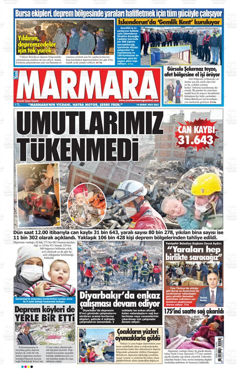 14 Şubat 2023 tarihli Yeni Marmara Gazete Manşetleri