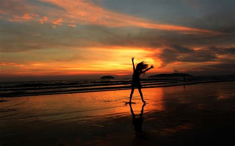 Silhouette Person Beach Sunset Mood Reflection Ocean Sea Sky Clouds