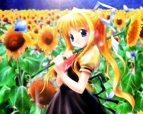 Yellow Hair Girl Anime Character With Sunflower Field In The Background