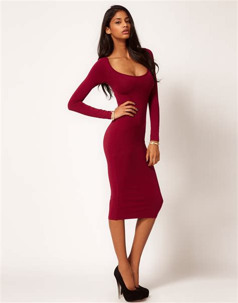 Asos Long Sleeved Bodycon Dress Midi In Red Lyst
