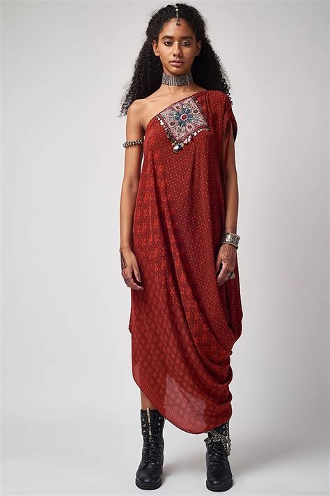 Sindoori Red Printed One Shoulder Draped Dress Design By Aseem Kapoor