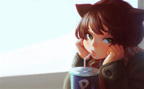 Desktop Wallpaper Cute Anime Girl Drinking Coffee Hd Image Picture