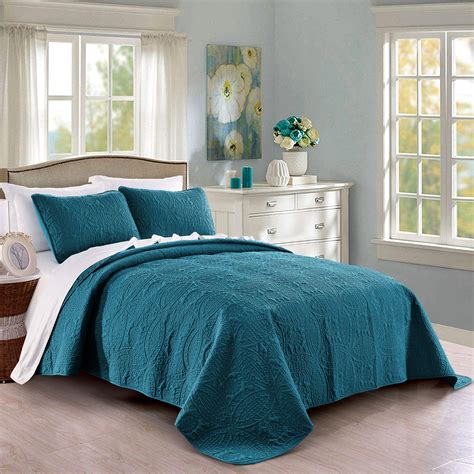 Quilt Set Full Queen Size Teal Oversized Bedspread Soft Microfiber